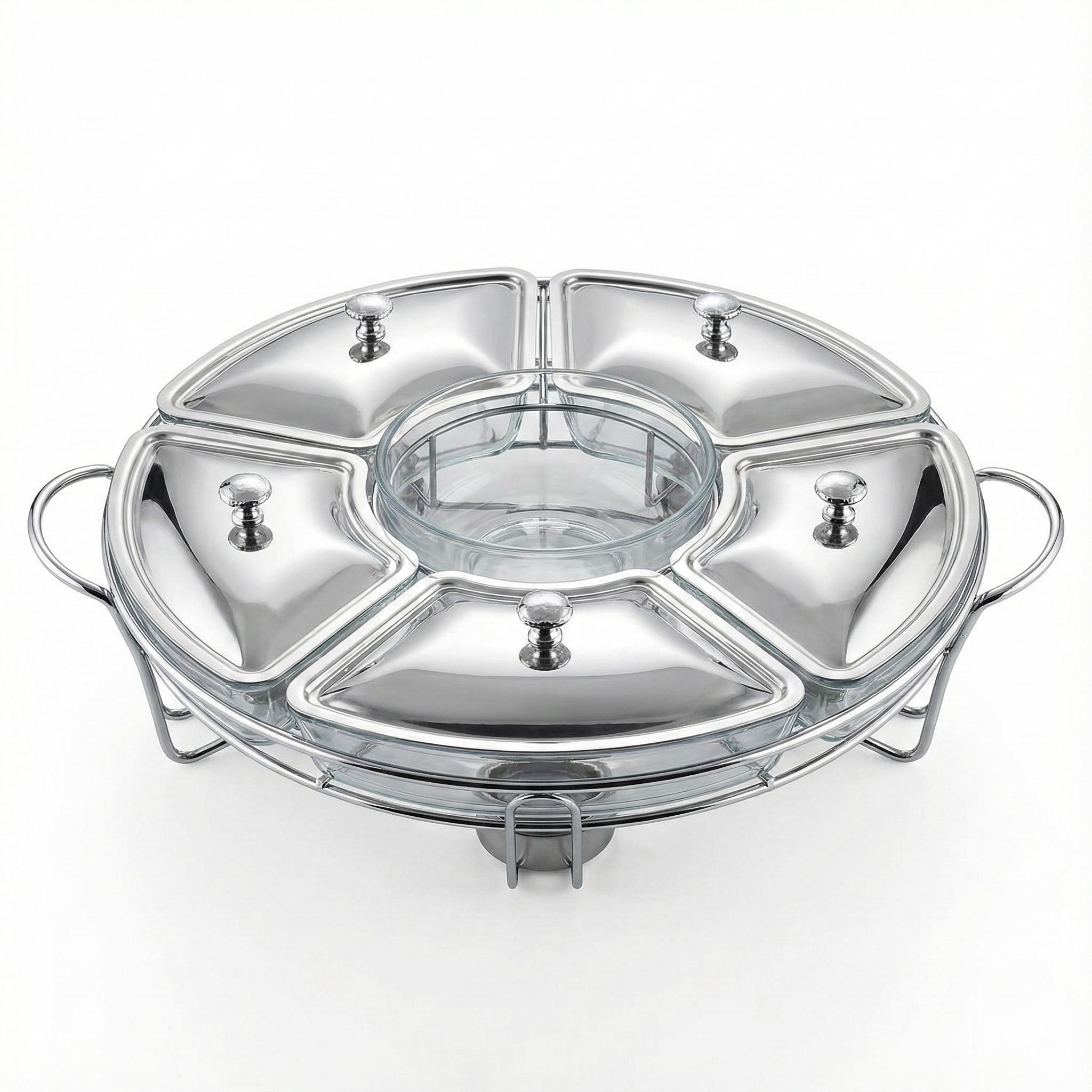 Rechaud Giratório Com 6 Compartimentos Aço Inox E Vidro 52cm